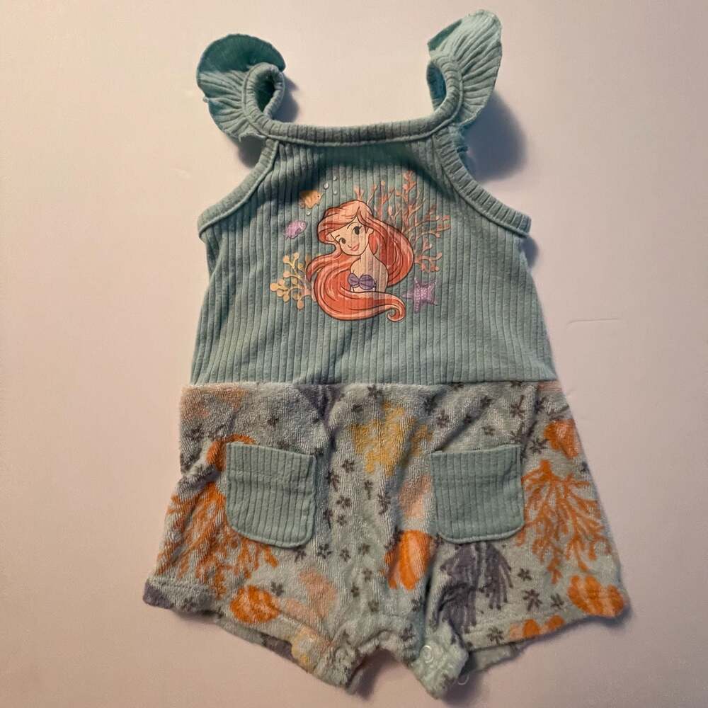 Disney Baby Girls Ariel Little Mermaid Romper Blue Ruffle Tank Top Terry Cloth B